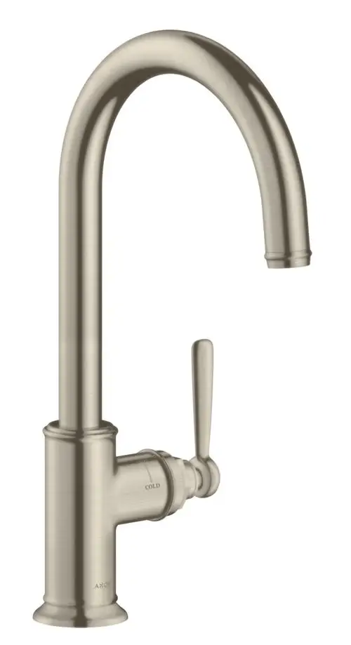 Ein Küchenmischer in gebürstetem Nickel von AXOR mit einem hohen, geschwungenen Auslauf und einem seitlichen Hebel für die Temperatur- und Wassermengenregelung.